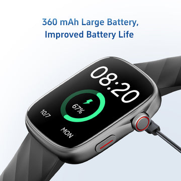Smartwatch with charging cable on a light gray background, highlighting battery life feature.